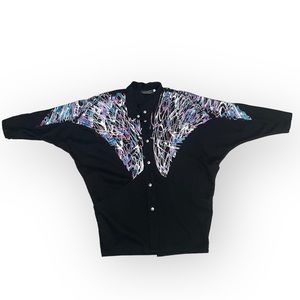 Vintage 80s 90s Oversized Black Denim Sparkle Painted Batwing Jacket